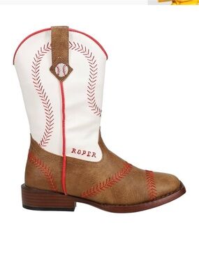 Roper Kids White, Brown & Red Baseball Stitch Cowboy Boots